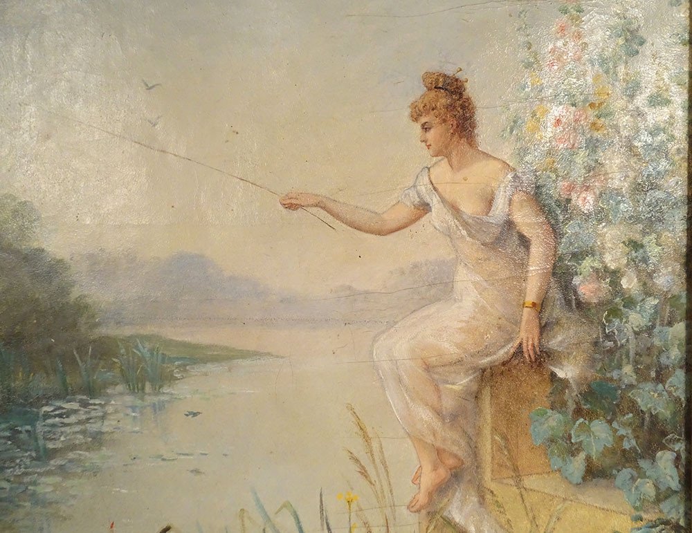 Large Hst Painting Young Woman Fishing River Landscape Flowers Art Nouveau 19th-photo-2