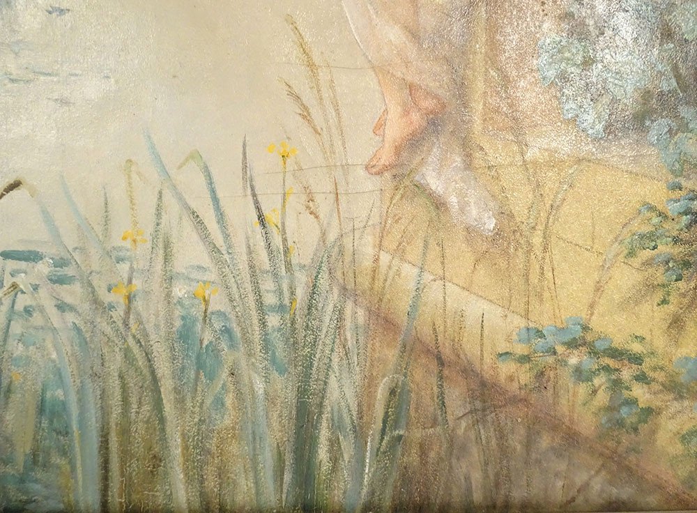 Large Hst Painting Young Woman Fishing River Landscape Flowers Art Nouveau 19th-photo-3
