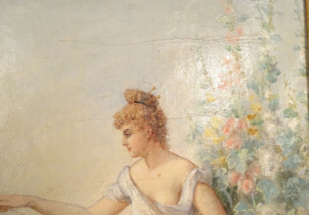 Large Hst Painting Young Woman Fishing River Landscape Flowers Art Nouveau 19th-photo-4