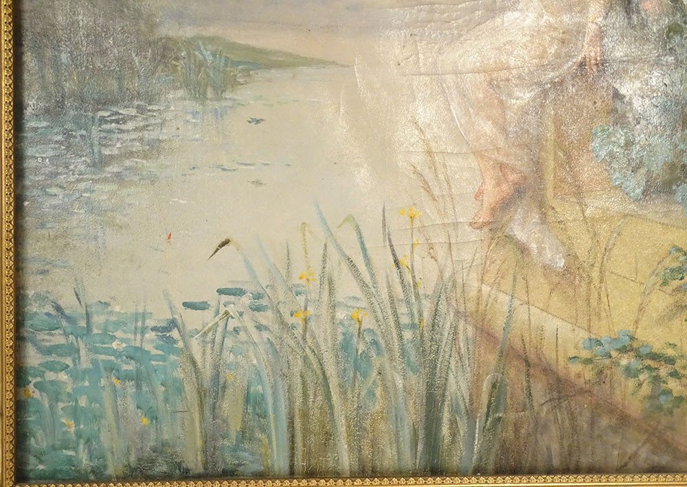 Large Hst Painting Young Woman Fishing River Landscape Flowers Art Nouveau 19th-photo-2