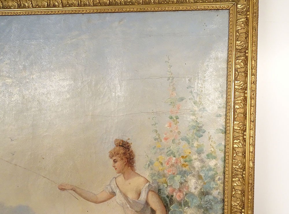 Large Hst Painting Young Woman Fishing River Landscape Flowers Art Nouveau 19th-photo-4