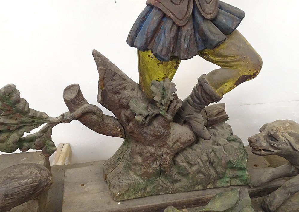 Large Wood Sculpture Saint-hubert P. Guibé Dogs Hunting Altarpiece 190cm 19th-photo-3