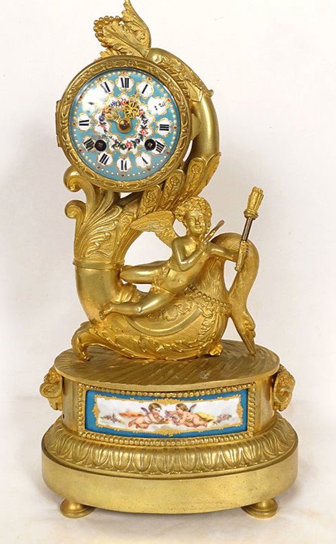 Pendule Restauration Bronze Doré Porcelaine Sèvres Amour Cygne Dauphin XIXè