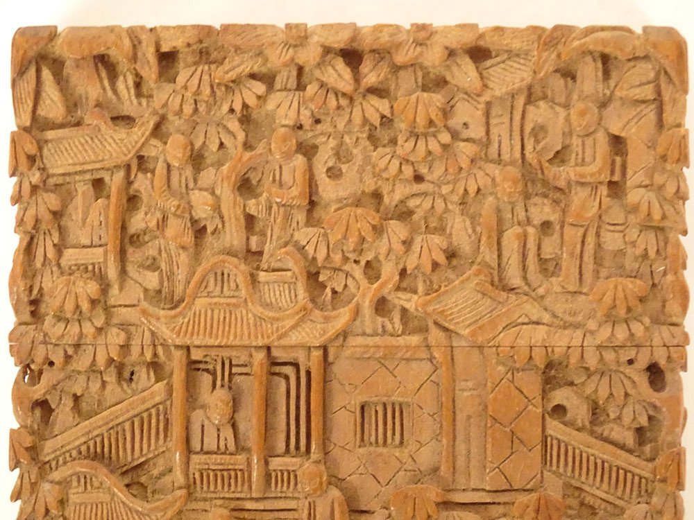 Etui à Cartes Bois Santal Sculpté Personnages Palais Canton Chine XIXème-photo-2