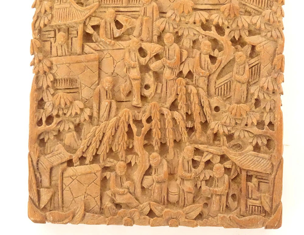 Etui à Cartes Bois Santal Sculpté Personnages Palais Canton Chine XIXème-photo-3