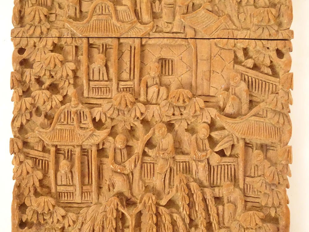 Etui à Cartes Bois Santal Sculpté Personnages Palais Canton Chine XIXème-photo-1