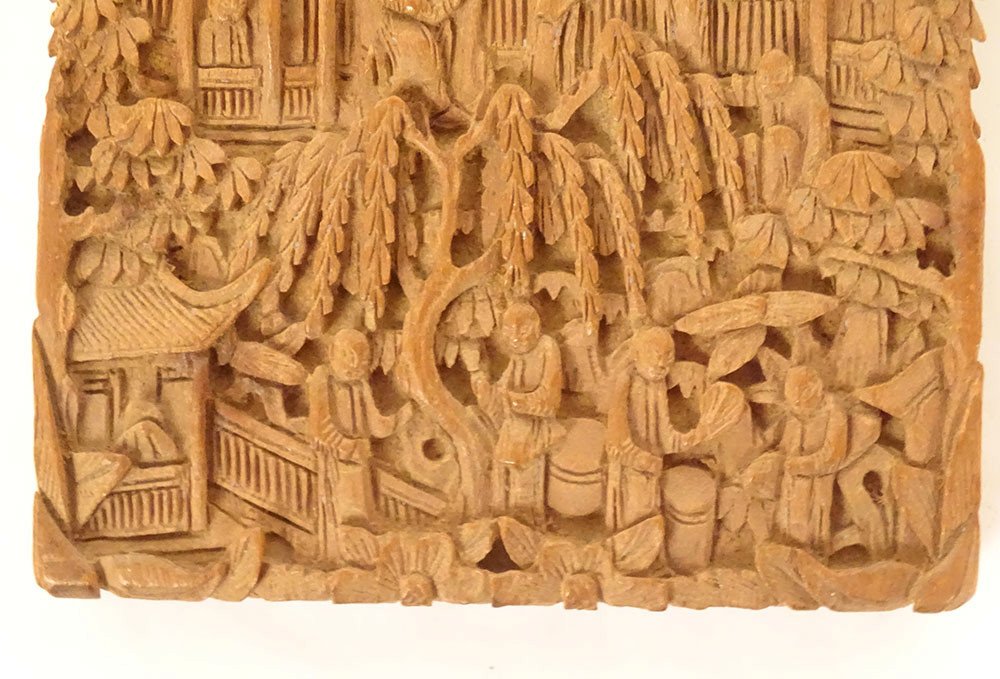 Etui à Cartes Bois Santal Sculpté Personnages Palais Canton Chine XIXème-photo-2