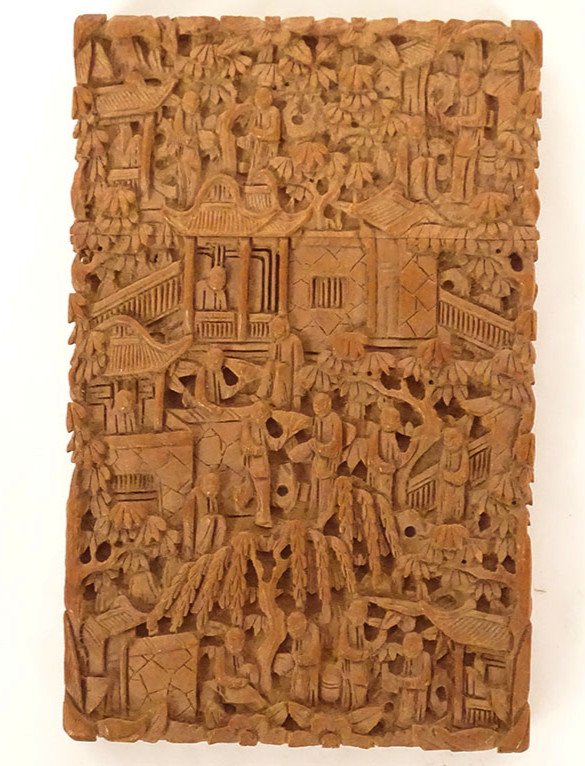 Etui à Cartes Bois Santal Sculpté Personnages Palais Canton Chine XIXème