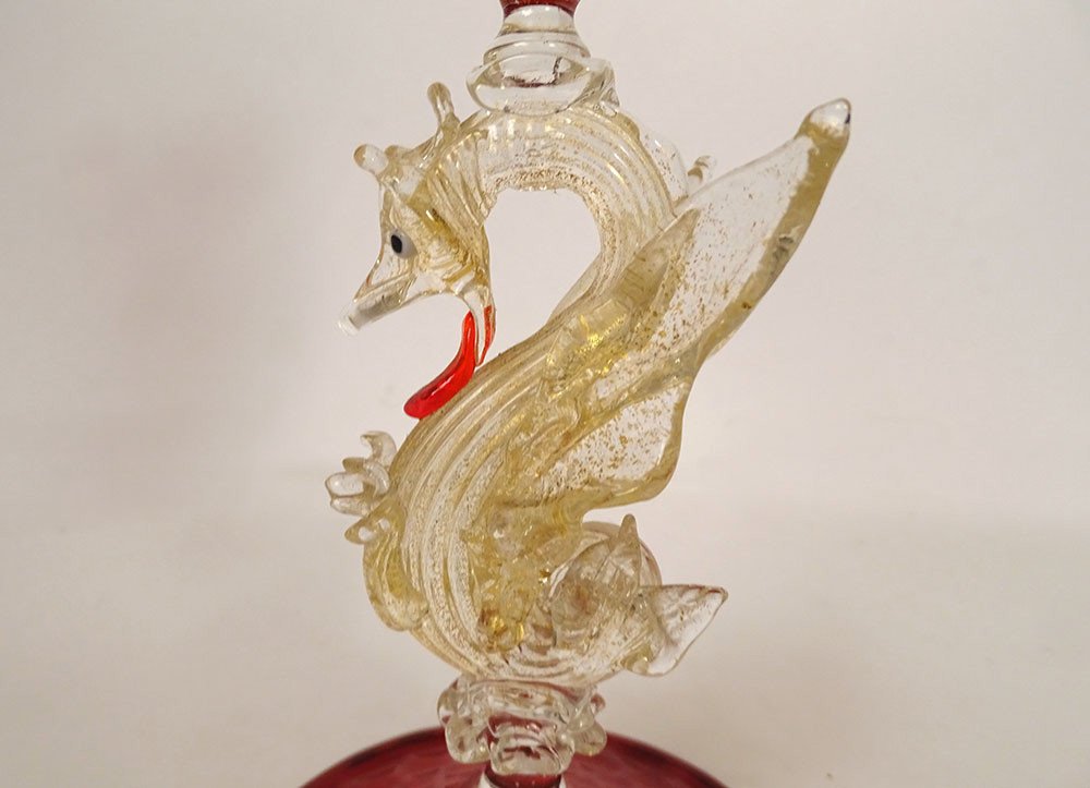 Vase Amphore Verre Soufflé Rouge Venise Murano Italie Dragon Dorure XXème-photo-4