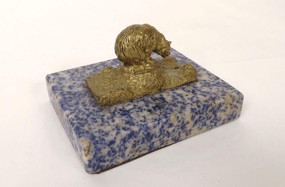 Petite Sculpture Presse-papier Bronze Doré Ours Marbre Sodalite Fin XIXème-photo-3
