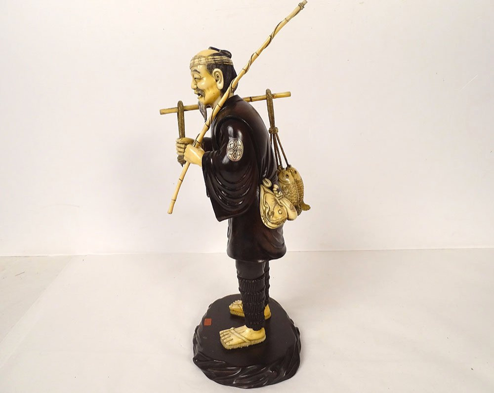 Okimono Statuette Wood Ivory Fisherman Fish Basket Japan Meiji Signed 19th-photo-5
