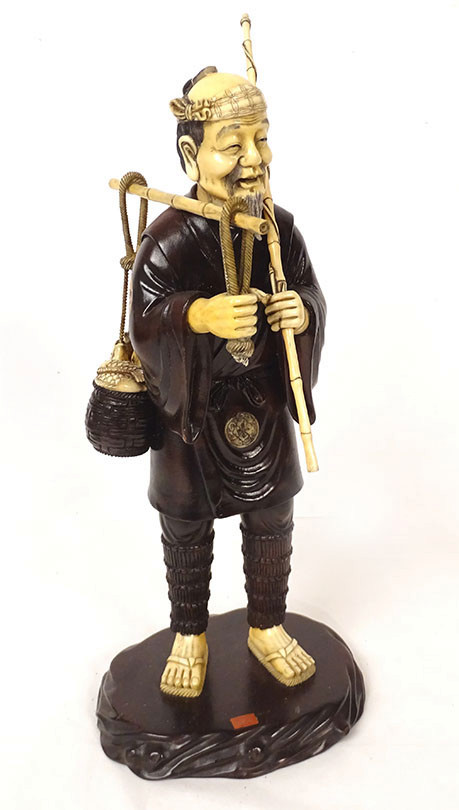 Okimono Statuette Wood Ivory Fisherman Fish Basket Japan Meiji Signed 19th
