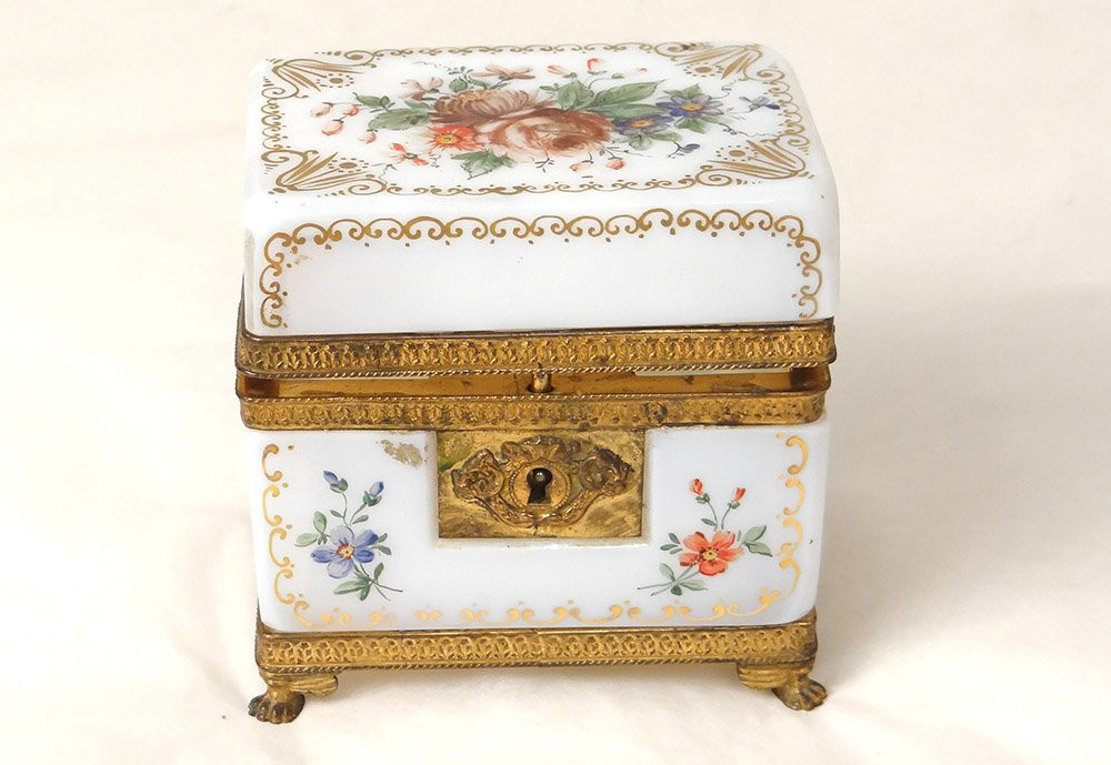 Coffret Boîte Opaline Blanche Dorure Fleurs Laiton Doré Charles X XIXème-photo-2