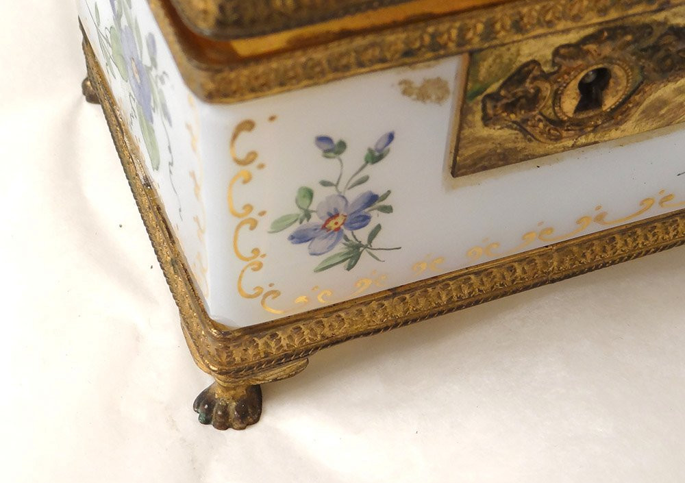 Coffret Boîte Opaline Blanche Dorure Fleurs Laiton Doré Charles X XIXème-photo-2