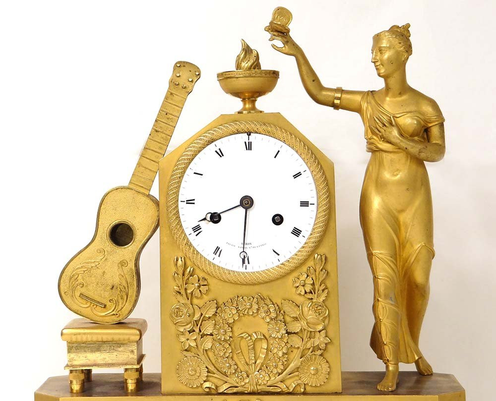 Pendule Empire Bronze Doré Femme Vestale Papillon Guitare Leroy XIXè-photo-2