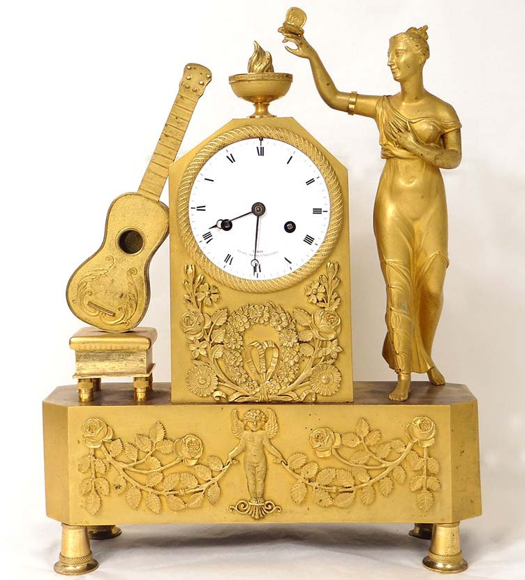 Pendule Empire Bronze Doré Femme Vestale Papillon Guitare Leroy XIXè