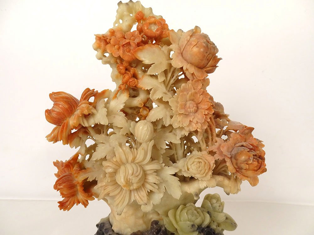 Chinese Stone Sculpture Of Bacon Bouquet Of Flowers Foliage China Late 19th Century-photo-2