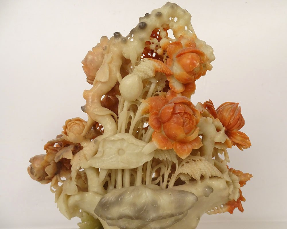 Chinese Stone Sculpture Of Bacon Bouquet Of Flowers Foliage China Late 19th Century-photo-4