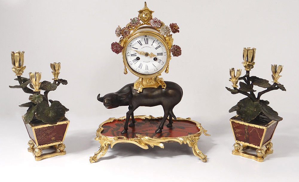 Louis XV Buffalo Clock Gilt Bronze Lacquered Wood Chinese Candelabra 18th Century