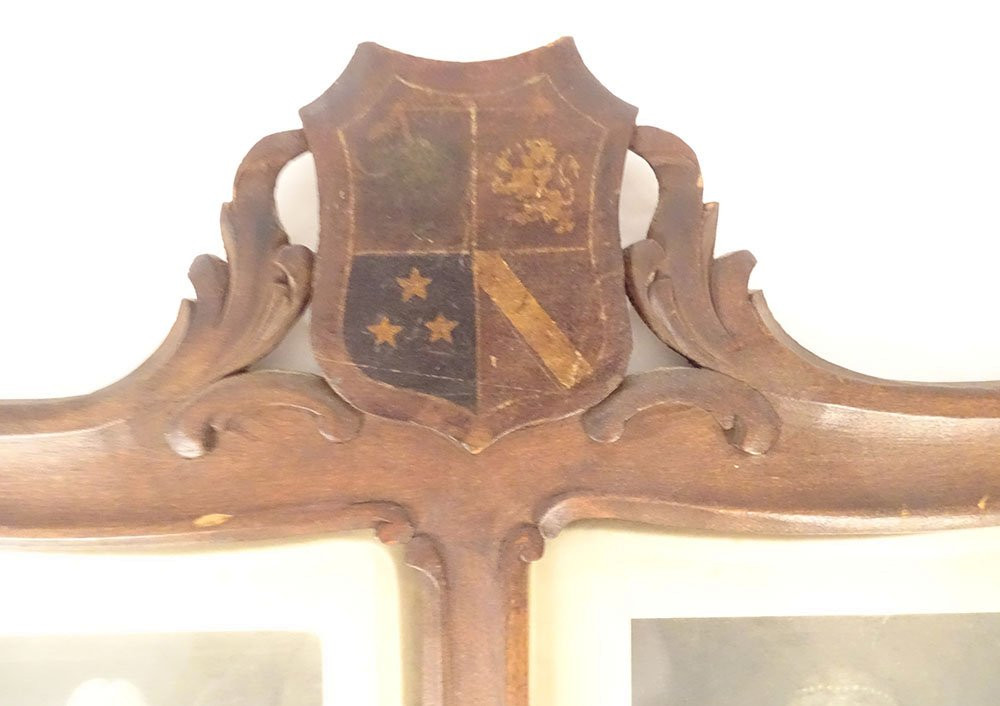 Cadre Bois Sculpté Armoiries Blason écartelé Nord Flandres Gravures XIXème-photo-3