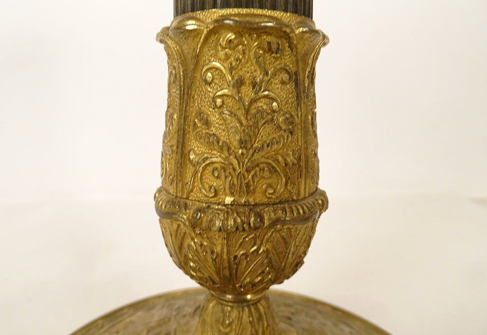 Paire Bougeoirs Restauration Flambeaux Bronze Cornes Abondance Fleurs XIXè-photo-4
