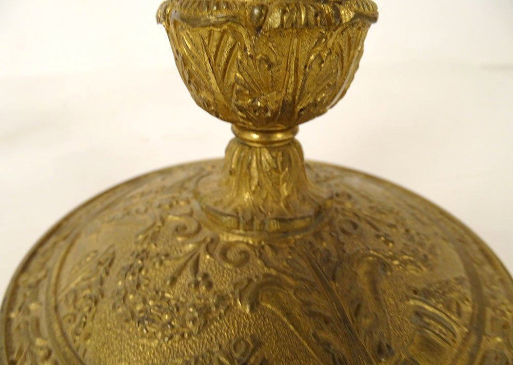 Paire Bougeoirs Restauration Flambeaux Bronze Cornes Abondance Fleurs XIXè-photo-7