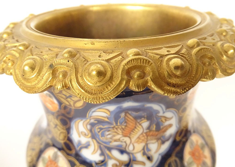 Pair Of Imari Vases Japan Birds Flowers Garden Gilt Bronze Napoleon III 19th Century-photo-5