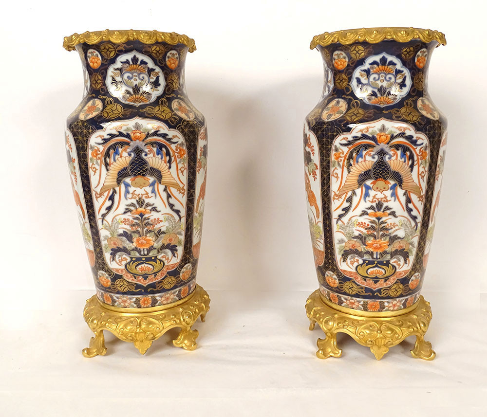 Pair Of Imari Vases Japan Birds Flowers Garden Gilt Bronze Napoleon III 19th Century