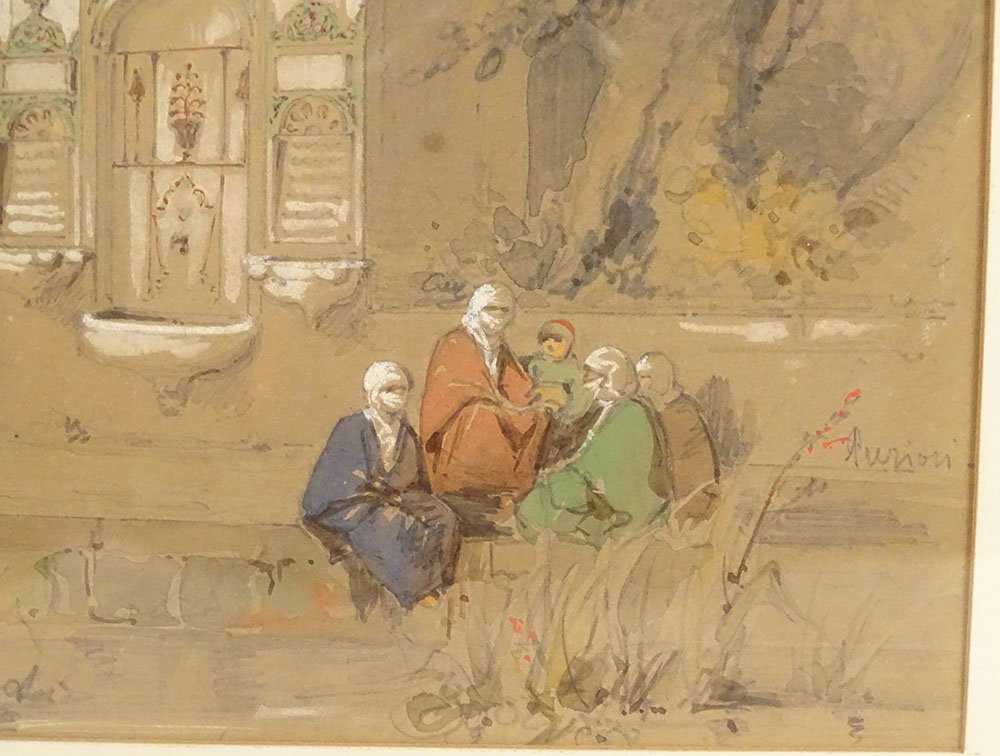 Dessin Orientaliste Amedeo Preziosi Personnages Ottomans Fontaine XIXème-photo-4
