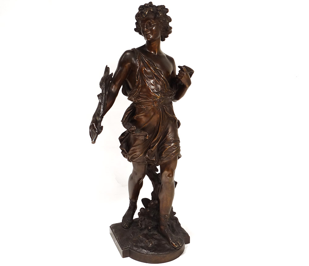 Sculpture Bronze Jeune Homme Branchage Palme Signée Moreau XIXè