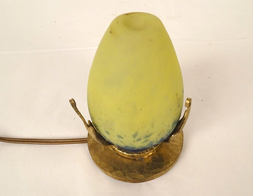 Night Light Lamp Signed Robj Glass Paste Hammered Bronze Art Deco 20th Century-photo-3