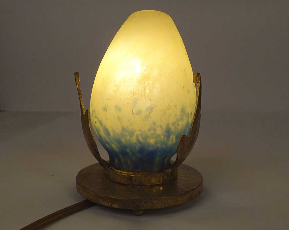Night Light Lamp Signed Robj Glass Paste Hammered Bronze Art Deco 20th Century-photo-4