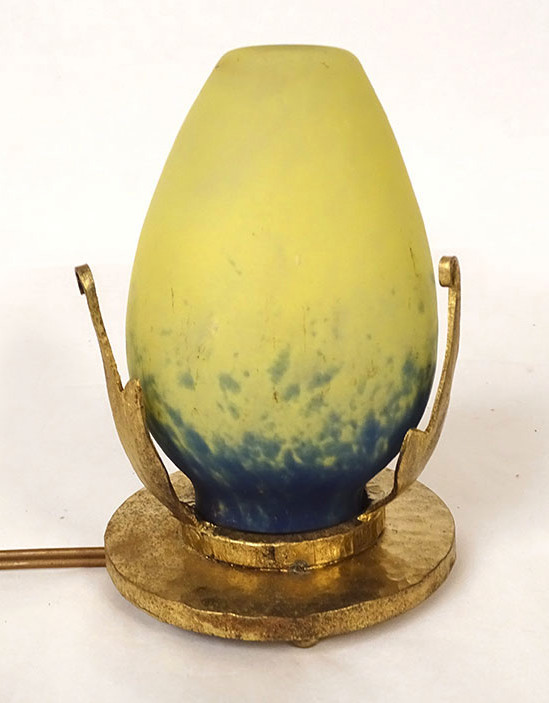 Night Light Lamp Signed Robj Glass Paste Hammered Bronze Art Deco 20th Century
