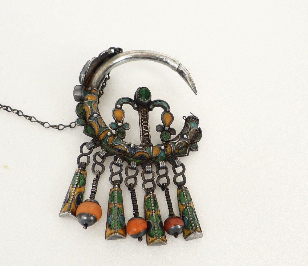 Paire Fibules Argent Massif émaux Corail Maroc Berbère Jean Besancenot-photo-2