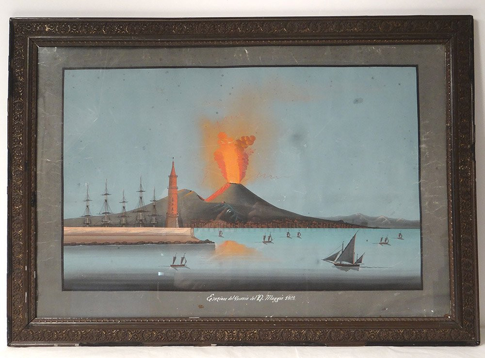 Paire gouaches napolitaines éruption Vésuve Italie bateaux 27 mai 1858 XIXè-photo-2