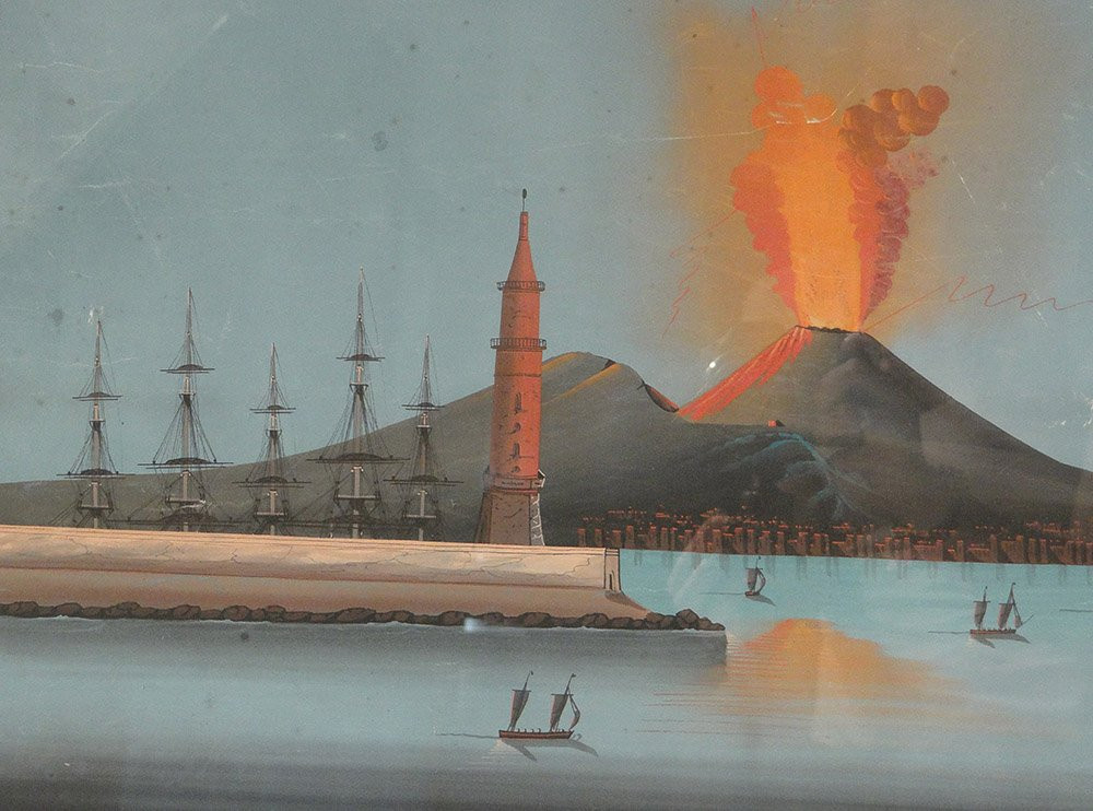 Paire gouaches napolitaines éruption Vésuve Italie bateaux 27 mai 1858 XIXè-photo-3