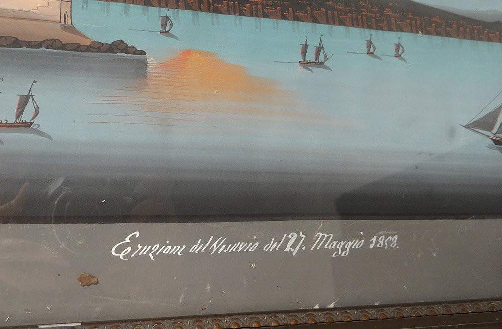 Paire gouaches napolitaines éruption Vésuve Italie bateaux 27 mai 1858 XIXè-photo-1