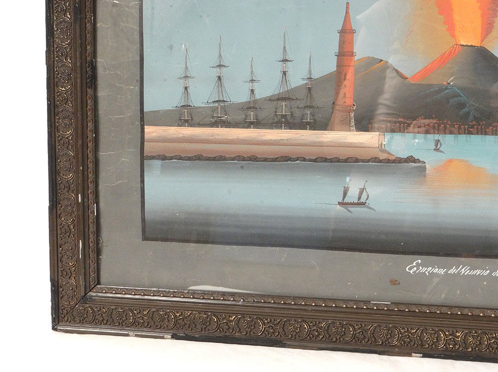 Paire gouaches napolitaines éruption Vésuve Italie bateaux 27 mai 1858 XIXè-photo-2