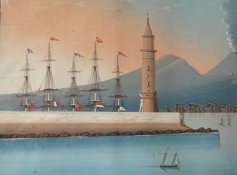 Paire gouaches napolitaines éruption Vésuve Italie bateaux 27 mai 1858 XIXè-photo-5
