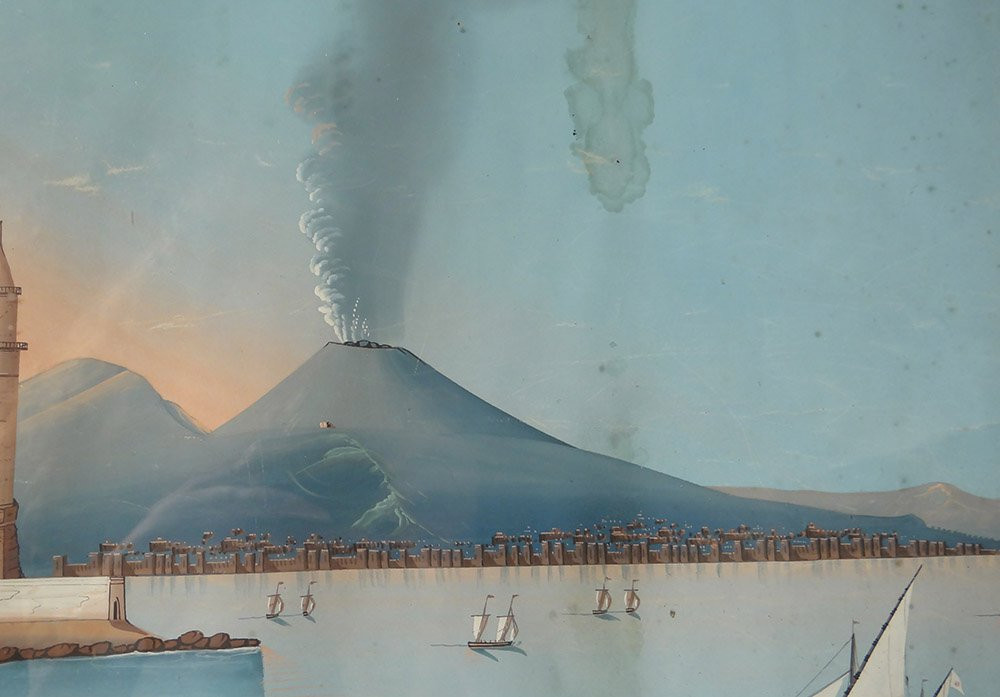 Paire gouaches napolitaines éruption Vésuve Italie bateaux 27 mai 1858 XIXè-photo-6