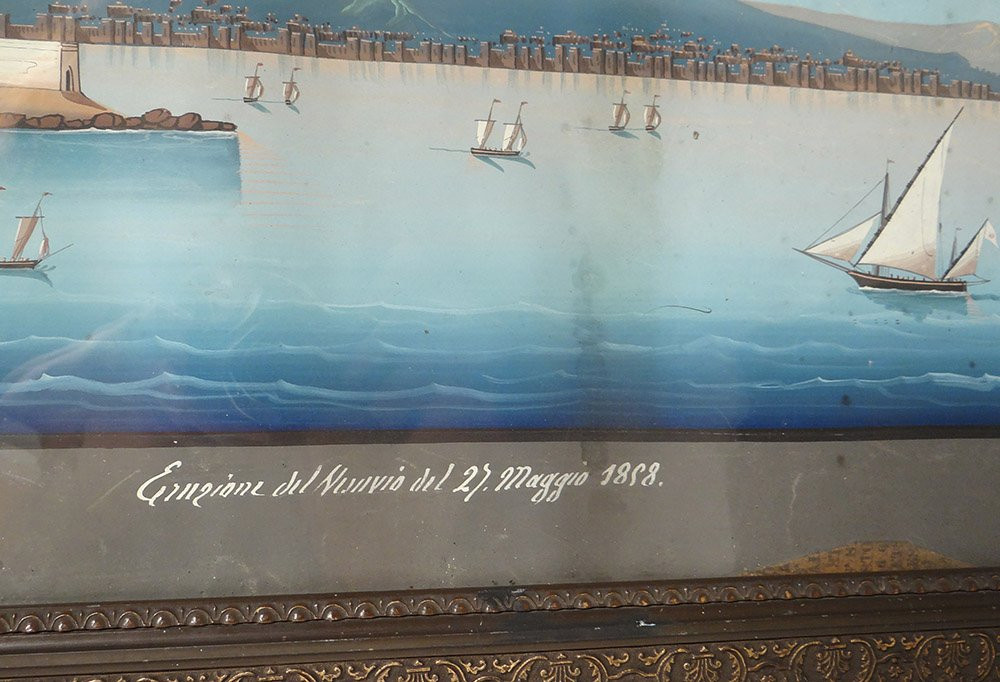 Paire gouaches napolitaines éruption Vésuve Italie bateaux 27 mai 1858 XIXè-photo-7