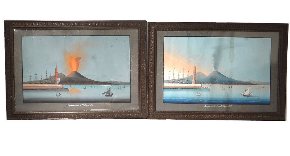 Paire gouaches napolitaines éruption Vésuve Italie bateaux 27 mai 1858 XIXè