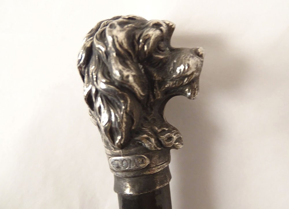 Antique Cane With Silver-plated Metal Handle, Poodle Dog Head, Wooden Shaft, 19th Century-photo-4