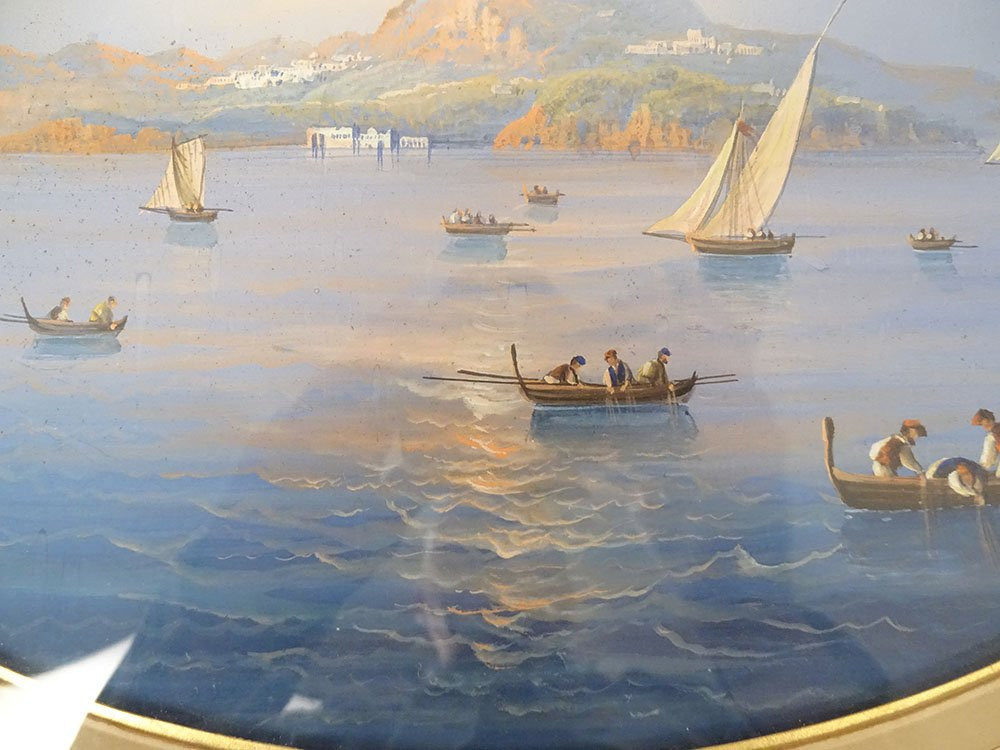 Pair Of Neapolitan Gouaches, Landscapes, Bay Of Naples, Vesuvius, Fishermen, Italy, 19th Century-photo-1