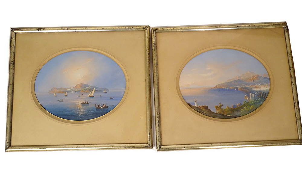 Pair Of Neapolitan Gouaches, Landscapes, Bay Of Naples, Vesuvius, Fishermen, Italy, 19th Century
