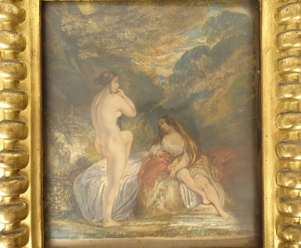 Pair Of Watercolors By Emile Lessore, Nude Women Bathers, Naiads, Sèvres, 19th Century-photo-5