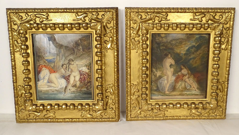 Pair Of Watercolors By Emile Lessore, Nude Women Bathers, Naiads, Sèvres, 19th Century