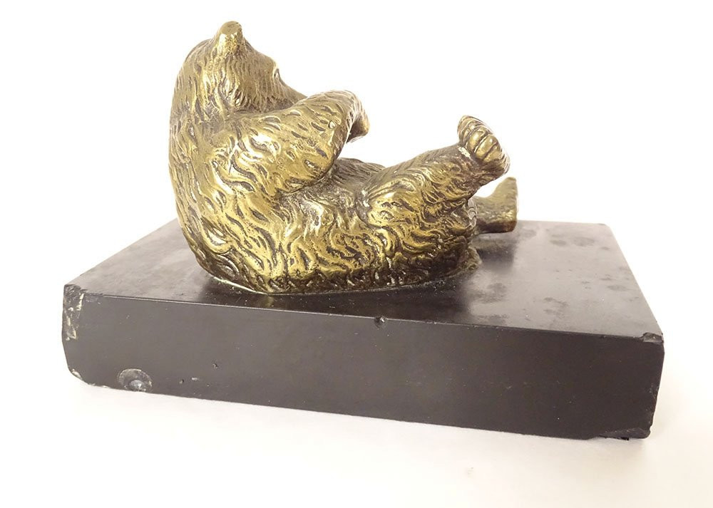 Sculpture presse-papier bronze doré ours allongé marbre noir XIXème siècle-photo-1