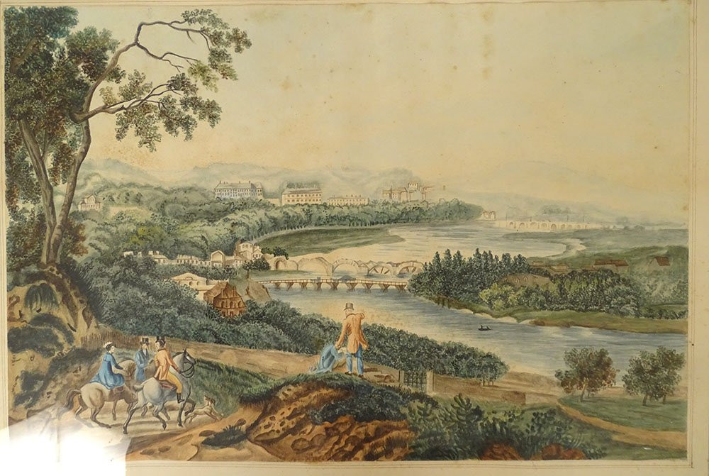 Aquarelle paysage vue Saint-Cloud d'apr. Michallon cavaliers château XIXème-photo-2