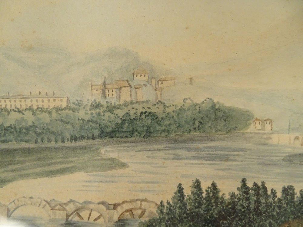 Aquarelle paysage vue Saint-Cloud d'apr. Michallon cavaliers château XIXème-photo-6